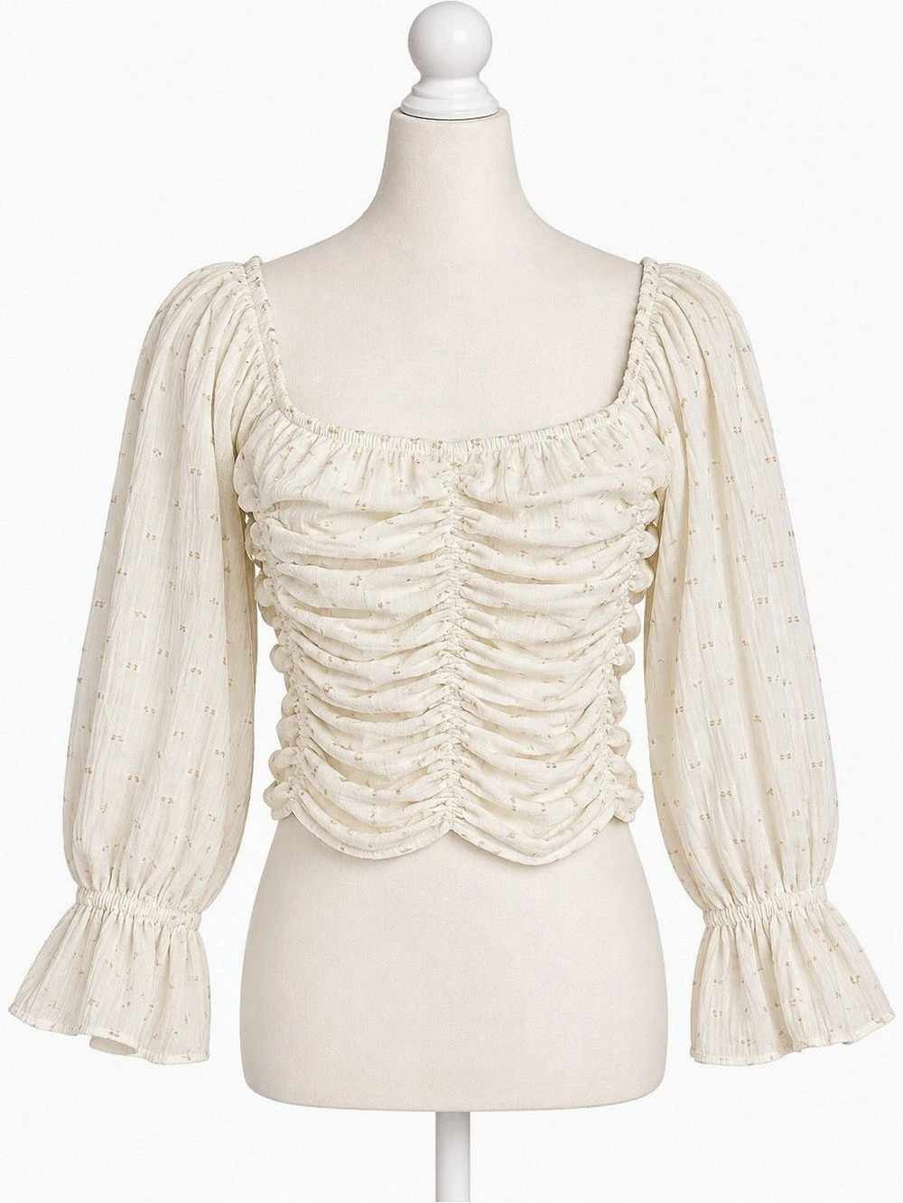 Zara M Ivory Swiss Dot Ruched Crop Top Bell Sleeve Square Neck Boho Cottagecore - Picture 1 of 9